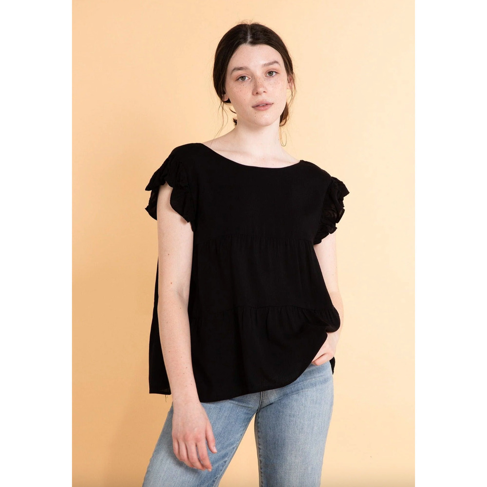 Yana k NWT KRISTIN TOP Cap Sleeve Ruffled Rayon Chaliss Top Blouse Black Size M
